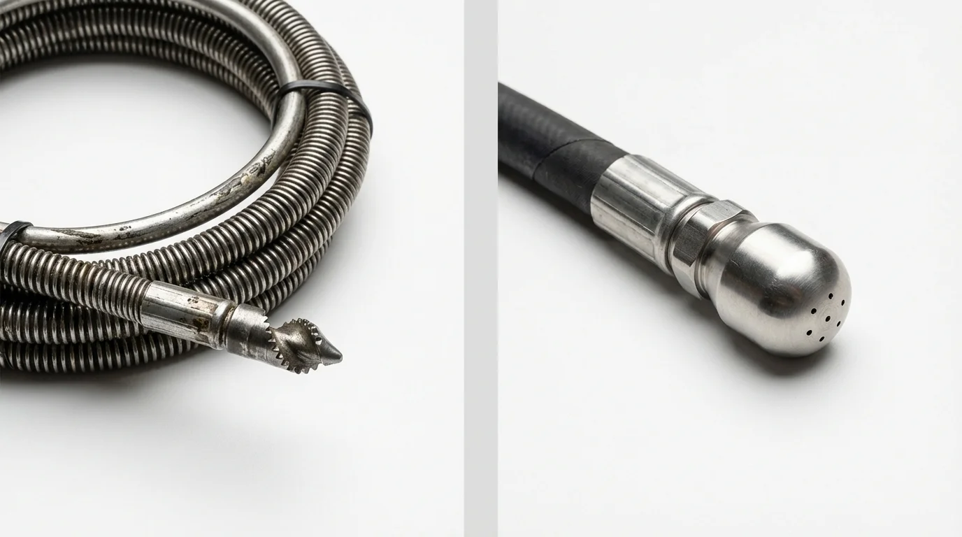 Drain snake cable and hydro jetting nozzle used for drain cleaning in Ithaca, MI