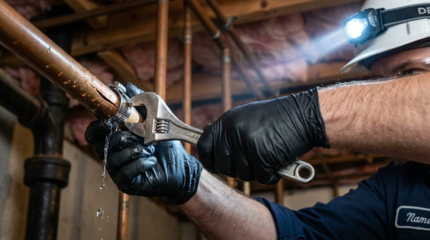 Emergency pipe clamp repair being performed by a Johns Plumbing LLC plumber in Ithaca