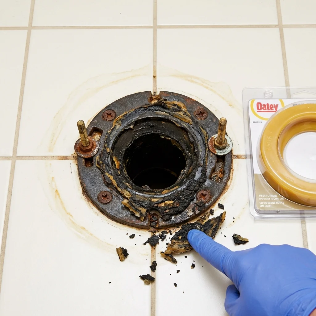 Failed wax ring showing water seepage at the base of a toilet in a Ithaca, MI home