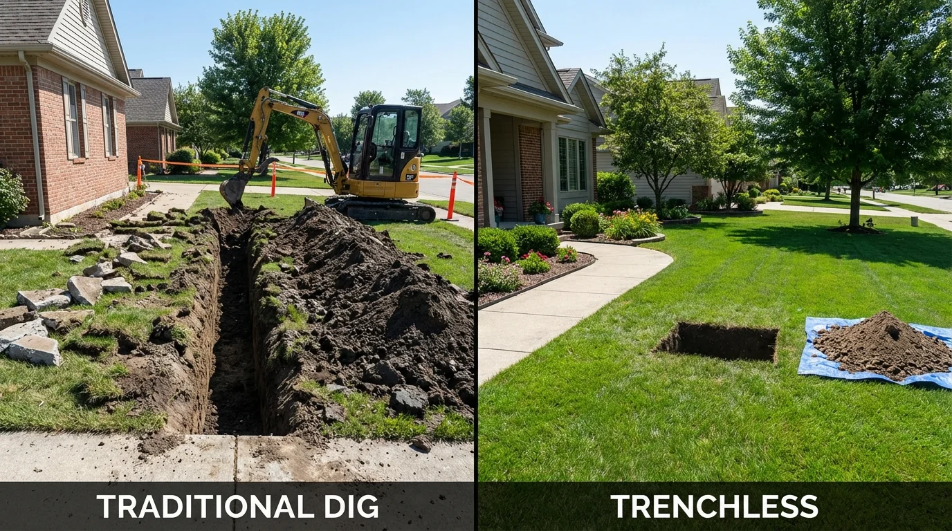 Trenchless sewer repair with minimal yard damage versus traditional excavation in Ithaca, MI