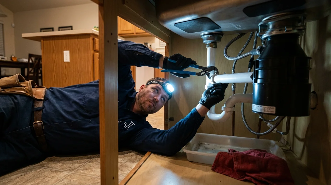 P-trap and supply line connections under a kitchen sink showing a common leak point in Ithaca, MI